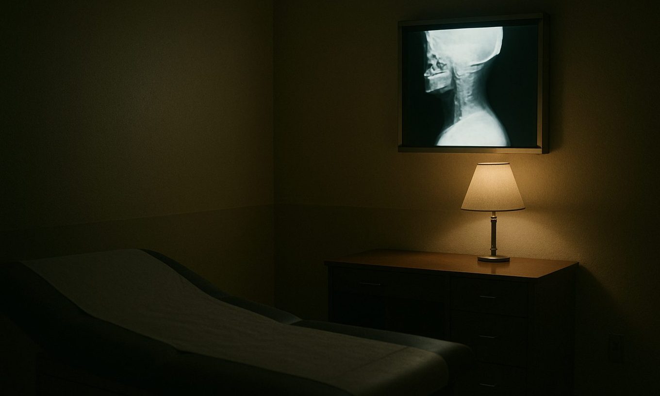 A small clinical exam room lit only by a desk lamp, with a cervical spine film glowing on a lightbox above the desk and an empty exam table