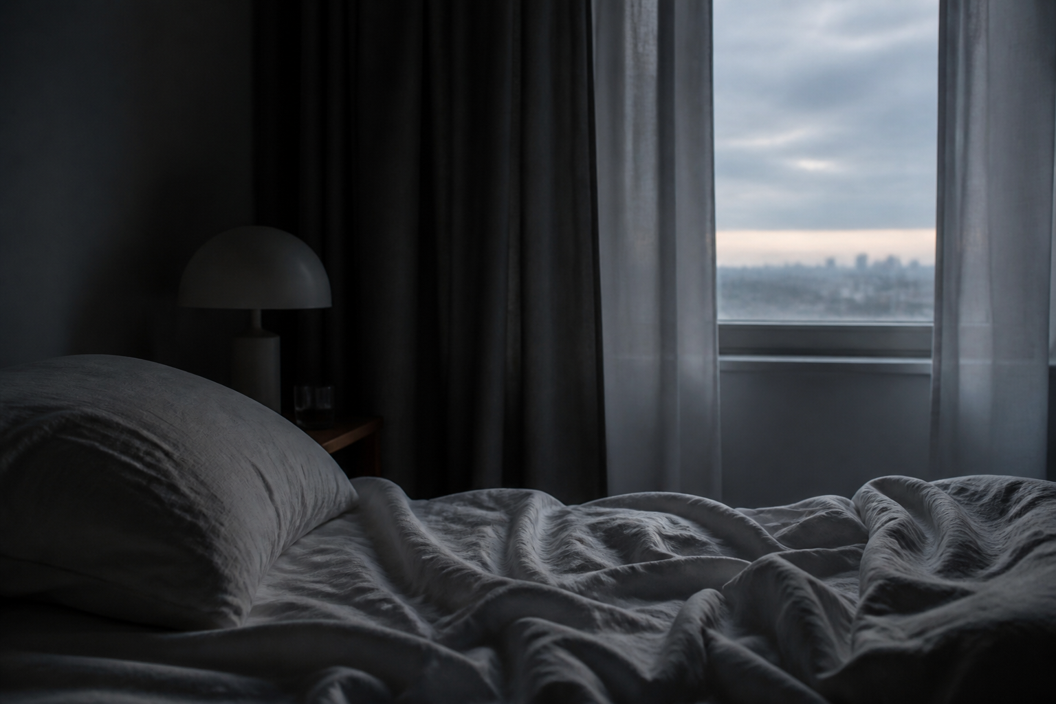 A dim bedroom with curtains half drawn and cool light on rumpled linen sheets.